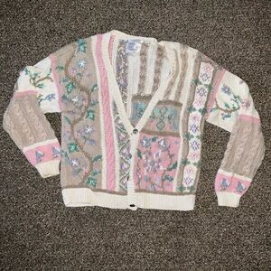 Patchwork Floral Cable-Knit Cardigan - Pink & Cream